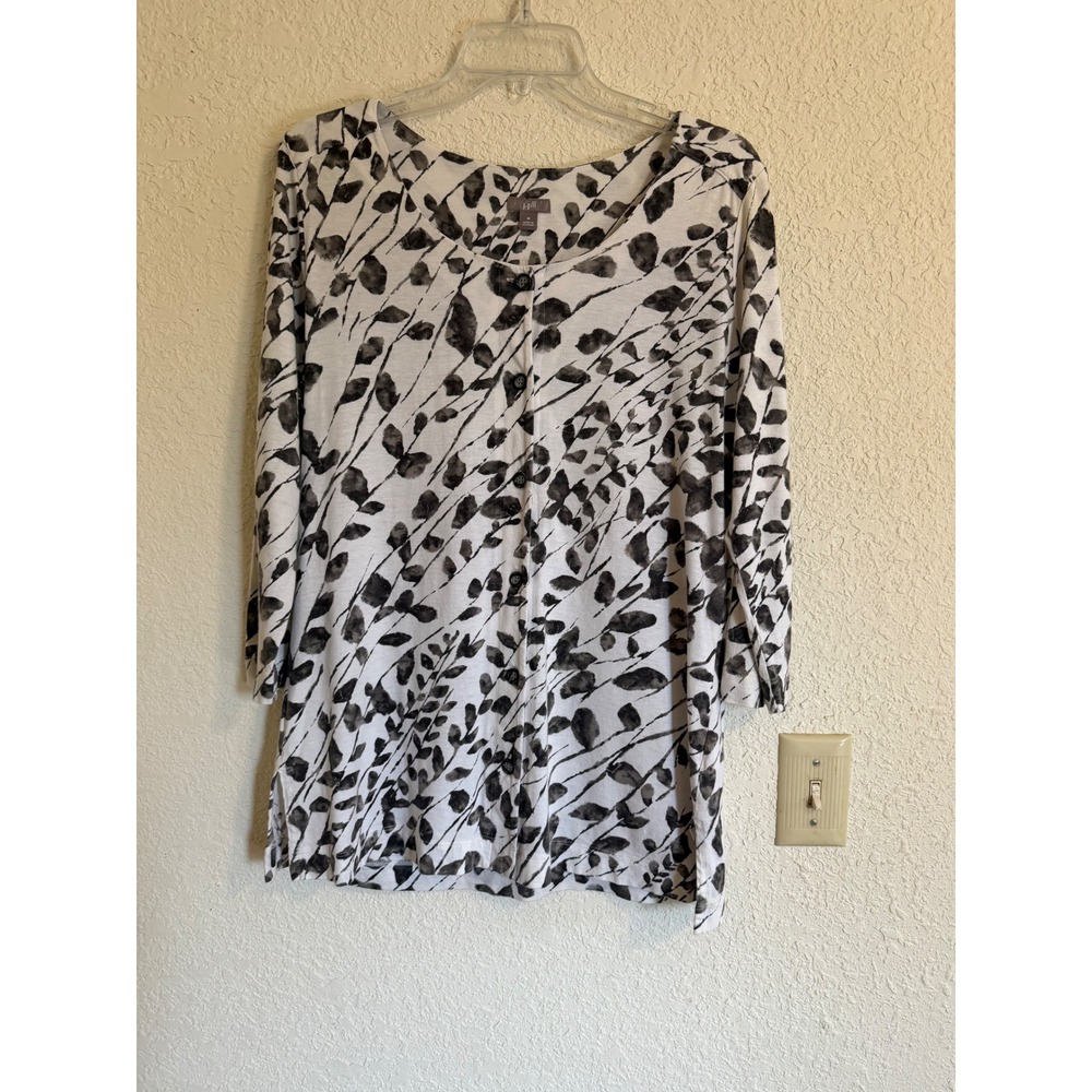 J. Jill White Black Botanical Leaf Print Button Front Cardigan 3/4 Sleeve M
